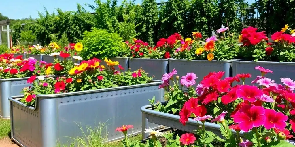 Raised Metal Garden Beds are the centerpiece of this elegant garden, featuring seamlessly integrated metal raised beds accented by a burst of colorful flowers. Raised Metal Garden Beds: The Best Choice for your Plants!