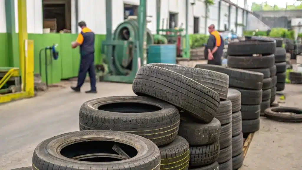 Recycled tires in a facility, the starting material for black rubber mulch.