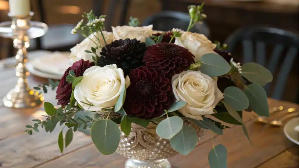 A luxurious floral arrangement featuring Dahlia Black Flowers, white roses, eucalyptus, and burgundy ranunculus in a vintage crystal vase.