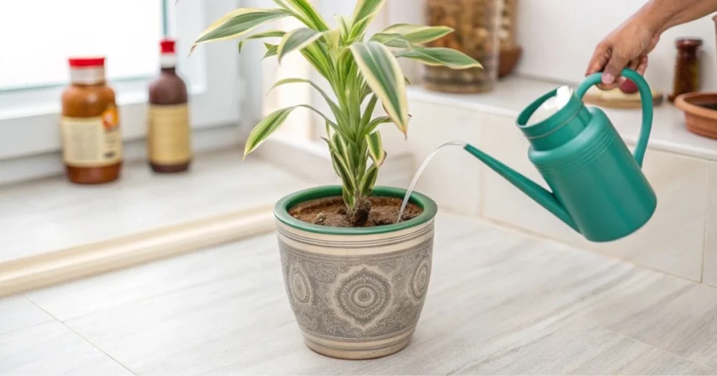 Watering the Song of India plant with a can and showing fertilizers for balanced nutrients.