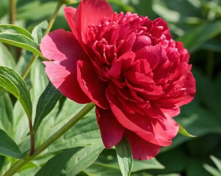 A close-up shot of a vibrant red peony in full bloom, with soft ruffled petals and a clear view of its intricate layers