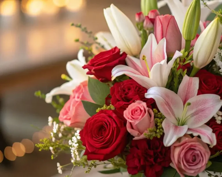 A close-up shot of a vibrant bouquet of love flowers with soft, warm lighting, evoking deep emotions. The flowers should include a mix of red roses, pink tulips, and white lilies, symbolizing love, passion, and purity