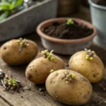 Sprouted Seed Potatoes ready for planting on a wooden surface.