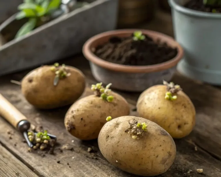 Sprouted Seed Potatoes ready for planting on a wooden surface.