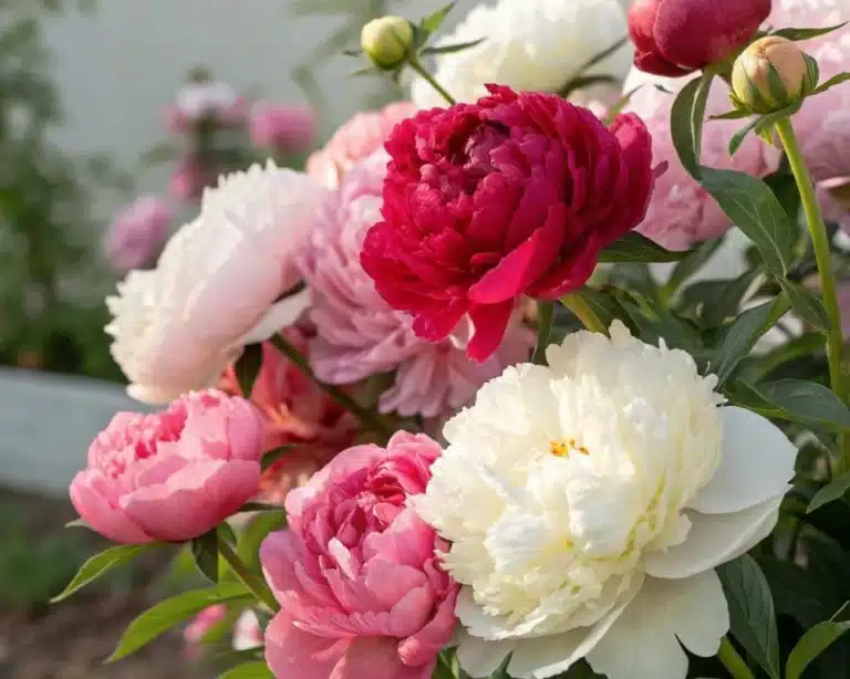 Red, pink, and white peonies flowers blooming in a garden with natural sunlight.