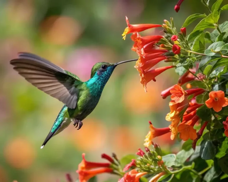 A hummingbird feeding on nectar from bright Hummingbird Flowers, illustrating their key role in attracting these birds.