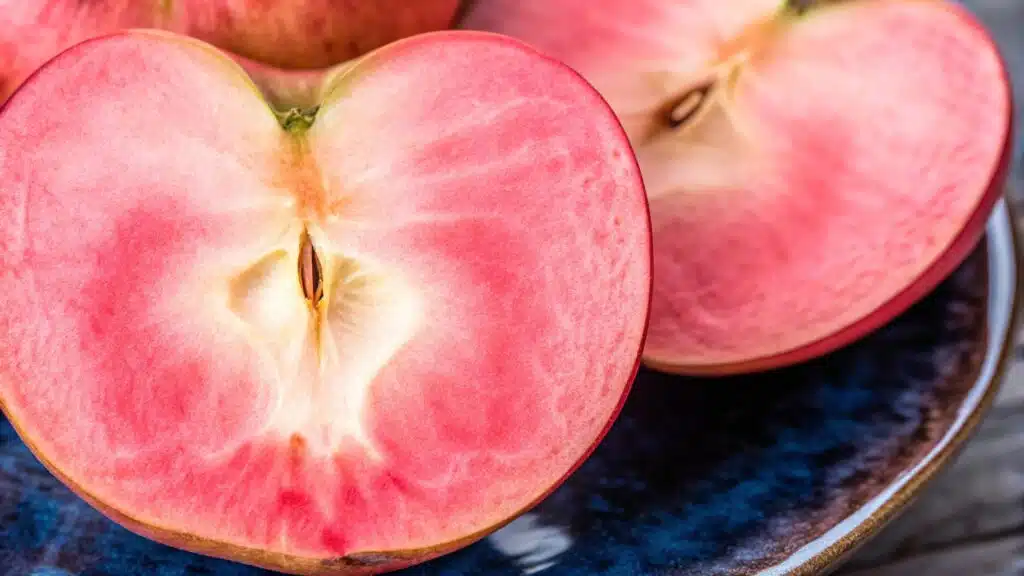 Pekacervenca red apples on a tree branch, displaying their glossy skin and rich color.