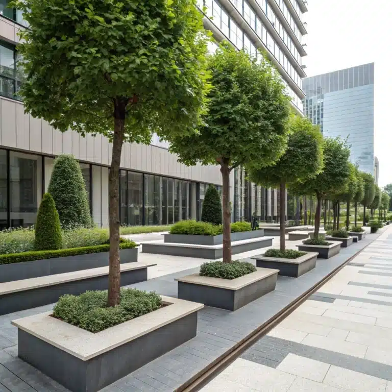 A modern landscape design with decorative trees, geometric pathways, and minimalist benches in an urban setting.