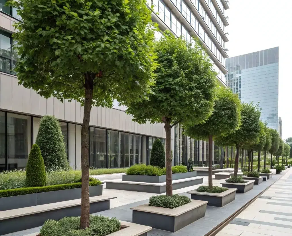 A modern landscape design with decorative trees, geometric pathways, and minimalist benches in an urban setting.