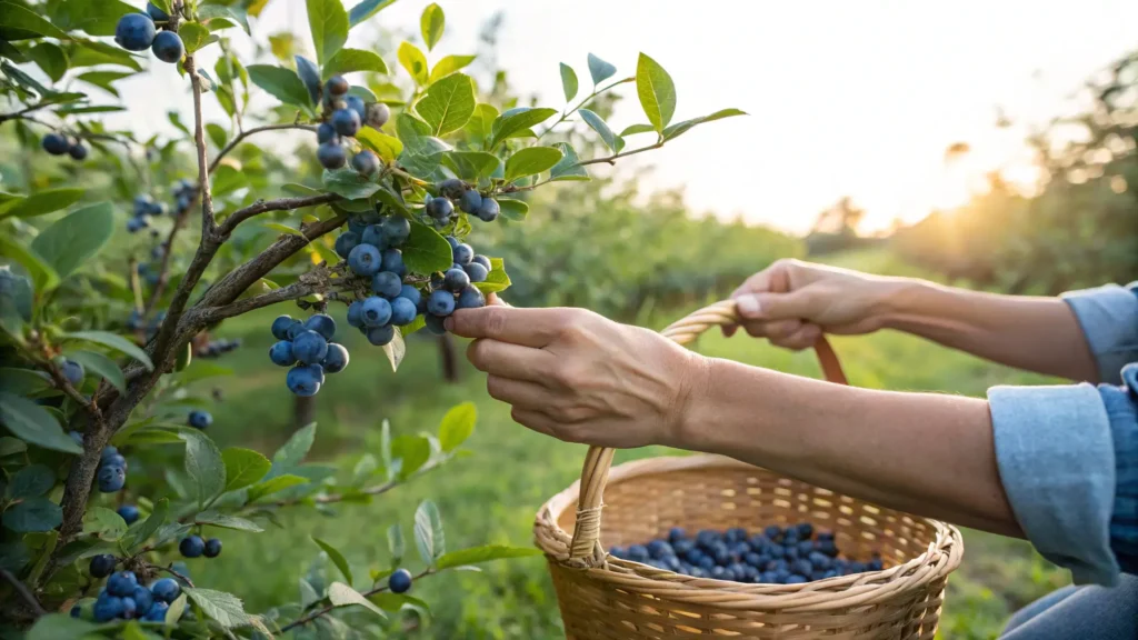 A gardener harvesting ripe blueberries from a thriving blueberry tree in a sunlit garden.