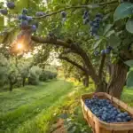 A vibrant blueberry tree in a sunlit garden, full of ripe blueberries ready for harvest.