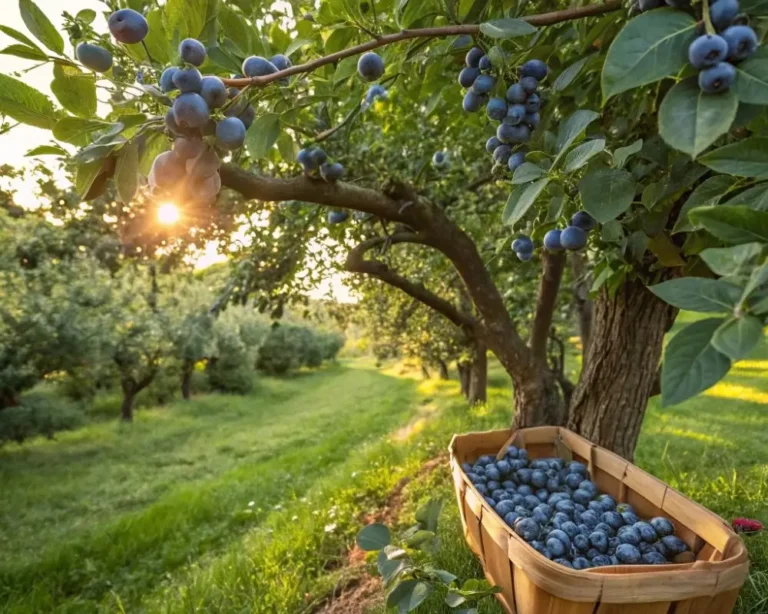 A vibrant blueberry tree in a sunlit garden, full of ripe blueberries ready for harvest.