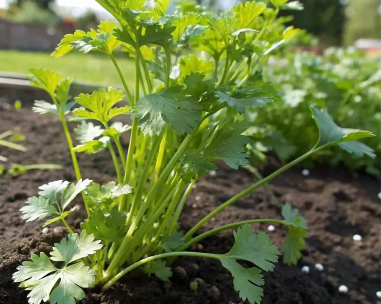 Healthy coriander plant with vibrant green leaves growing in rich soil