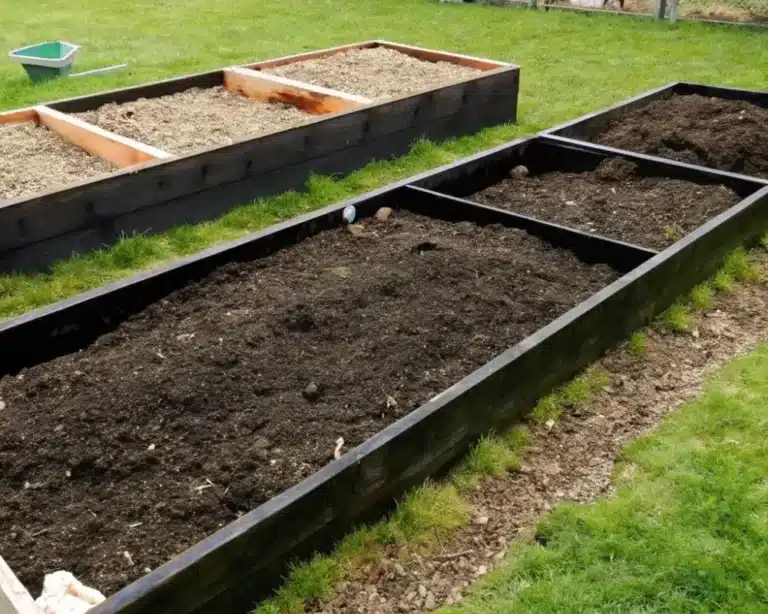 A beautiful Lasagna Gardening setup with layered organic materials and thriving vegetable plants.