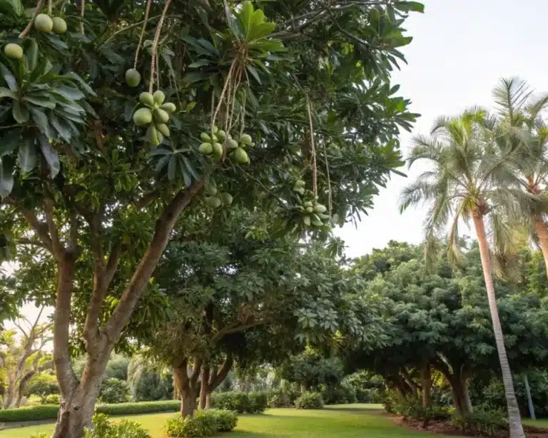 Lush garden with mature macadamia nut trees full of nuts