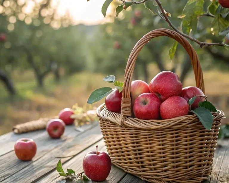 Close-up of red apples growing on a tree, glowing under the sunlight.