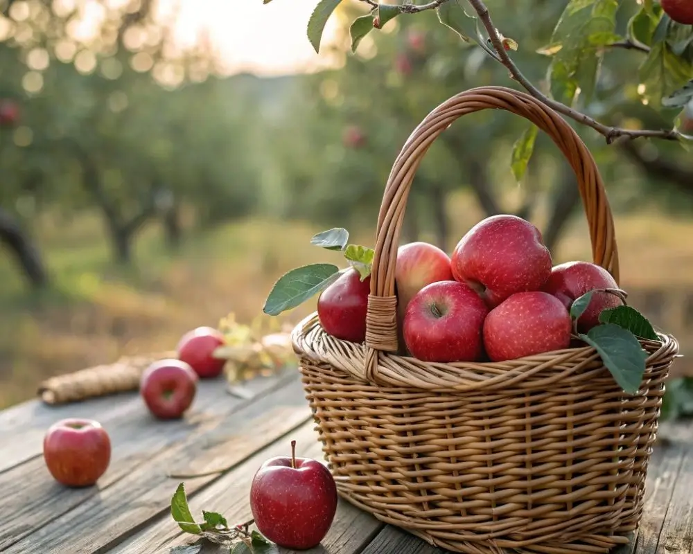 Close-up of red apples growing on a tree, glowing under the sunlight.