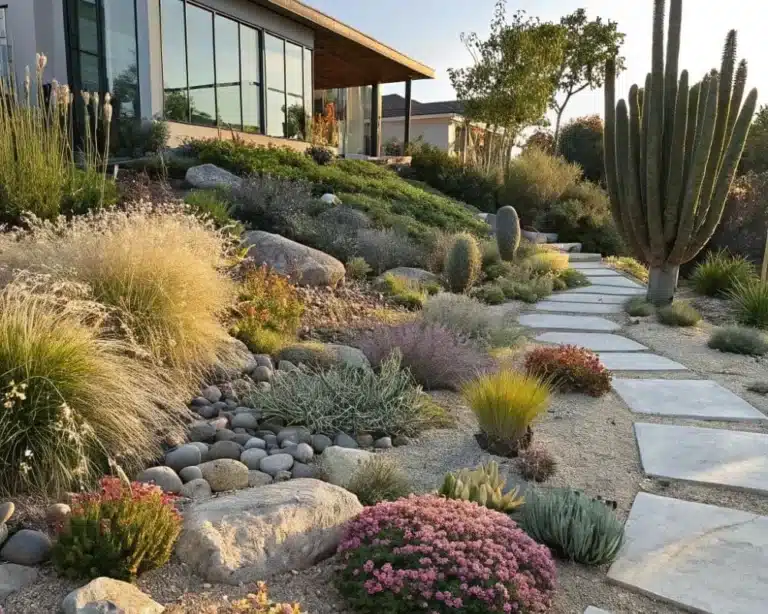 A well-designed xeriscape front yard with rocks, agave, and other drought-resistant plants creating a sustainable and visually appealing space.