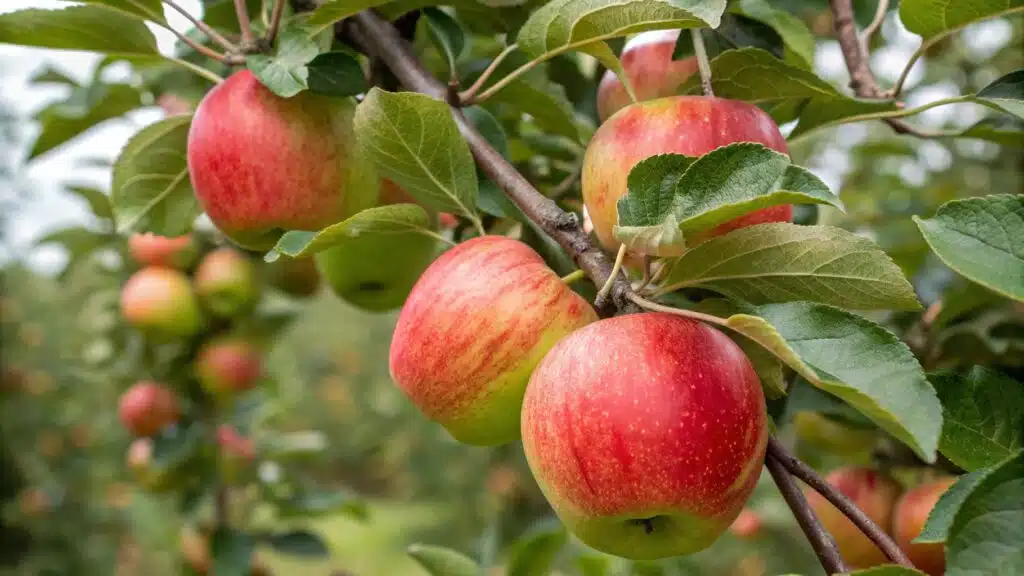 Royal Gala red apples growing on a tree, with their signature bright red and yellow streaks