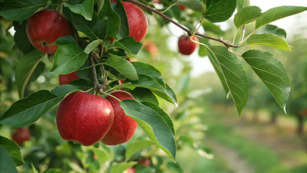 Starking Delicious red apples on a tree branch, showcasing their deep red color and firm texture