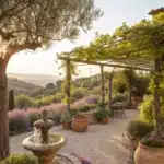 A stunning Mediterranean garden with olive trees, lavender, and a stone fountain, creating a timeless Mediterranean vibe.