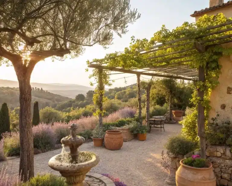 A stunning Mediterranean garden with olive trees, lavender, and a stone fountain, creating a timeless Mediterranean vibe.