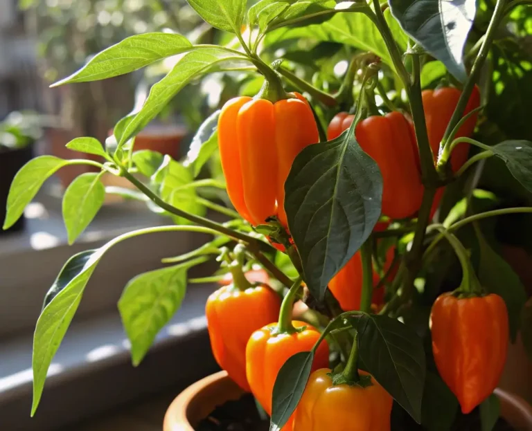 Orange peppers ripening in a sunny pot garden.