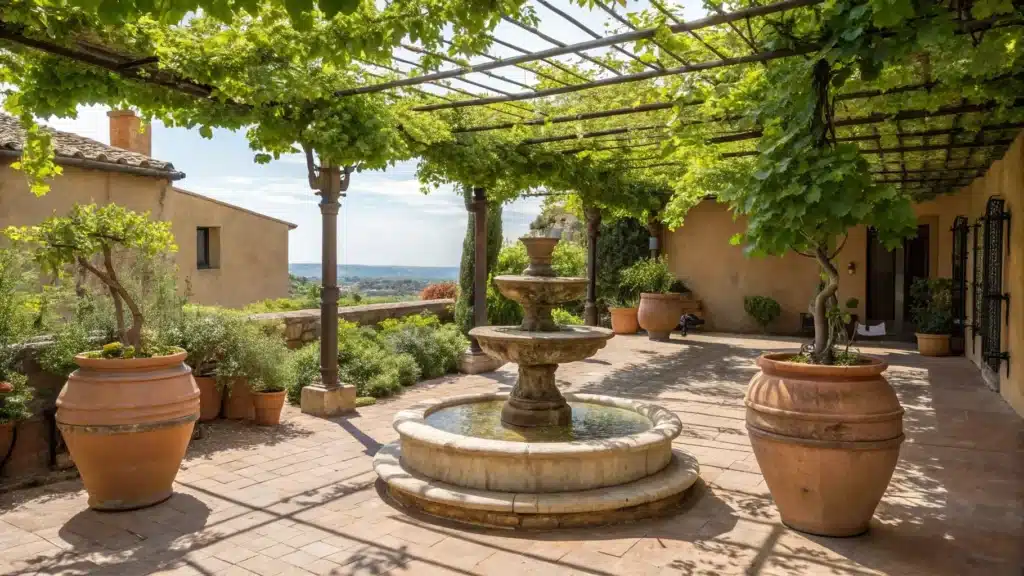 A Mediterranean courtyard with a stone fountain and shaded pergola, perfect for keeping the garden cool.