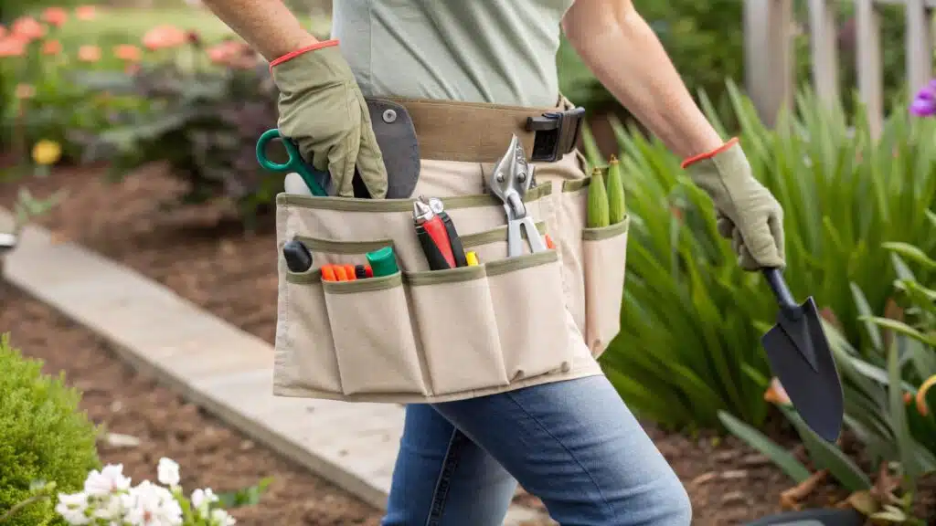 gardening apron with tools in its pockets