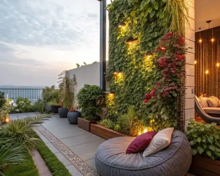 A vibrant outdoor space showcasing popular garden trends, including vertical gardens, eco-friendly designs, and smart gardening innovations.