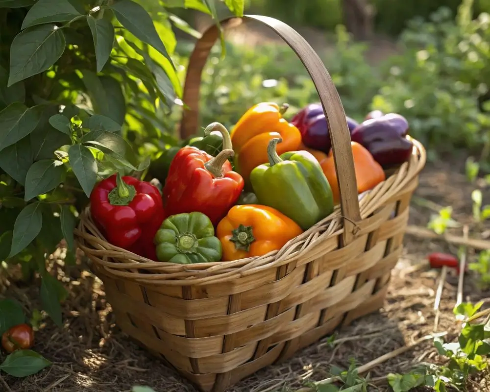 Basket of red, green, orange, and purple sweet bell peppers on the ground in a garden.
