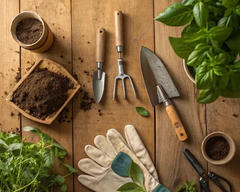 Essential garden tool set for beginners, including a hand trowel, pruning shears, and gloves