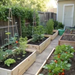 Compact vegetables growing in a tidy and realistic small vegetable garden with raised beds and containers.