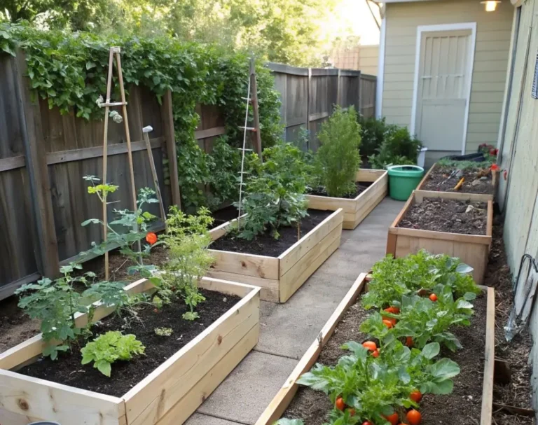 Compact vegetables growing in a tidy and realistic small vegetable garden with raised beds and containers.