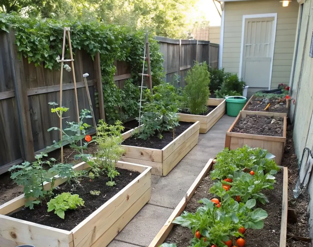 Compact vegetables growing in a tidy and realistic small vegetable garden with raised beds and containers.