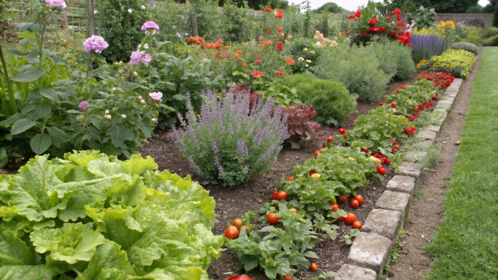 Small vegetable garden integrated with shrubs and perennial flowers.