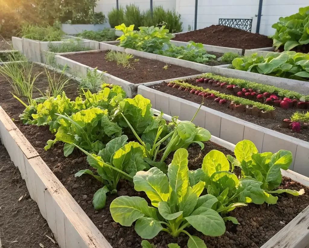 Spring garden with the best vegetables to grow in May including lettuce, spinach, and radishes