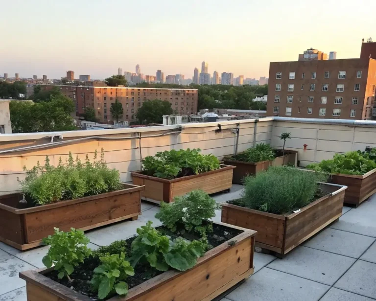 Garage roof garden with raised beds and potted vegetables in an urban rooftop setting