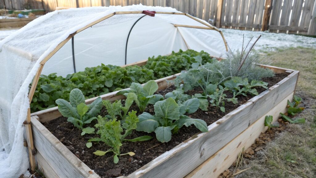 Early spring planting in a small vegetable garden with leafy greens.
