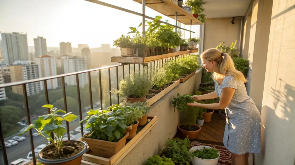 Urban gardening on a small balcony with potted herbs and leafy greens