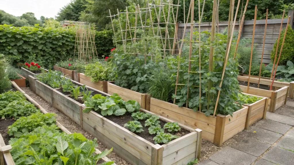 Maximizing planting space with vertical supports in a small vegetable garden.