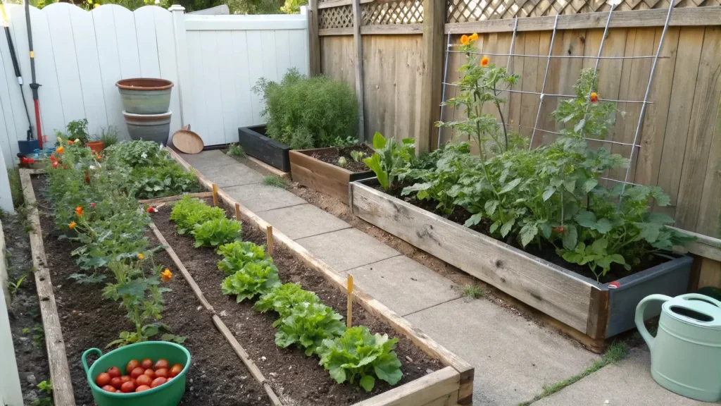Compact vegetables growing in a well-organized small vegetable garden.