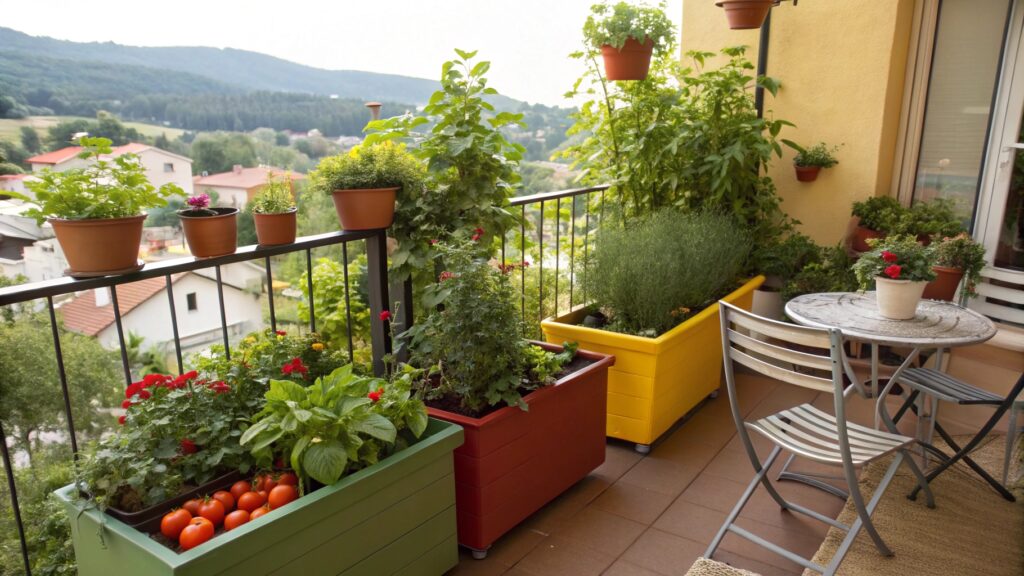 Container gardening setup for a productive small vegetable garden on a patio.