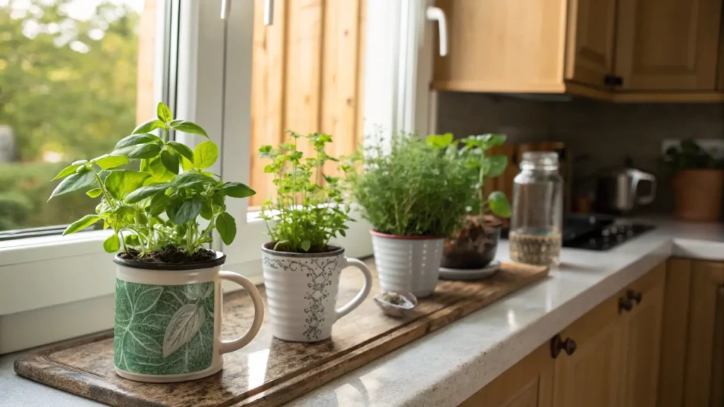 Indoor urban gardening with herbs growing on a sunny windowsill