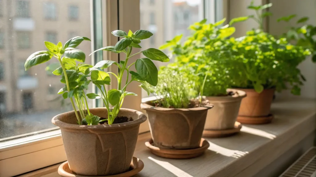 Urban gardening with herbs like basil and mint on a small windowsill