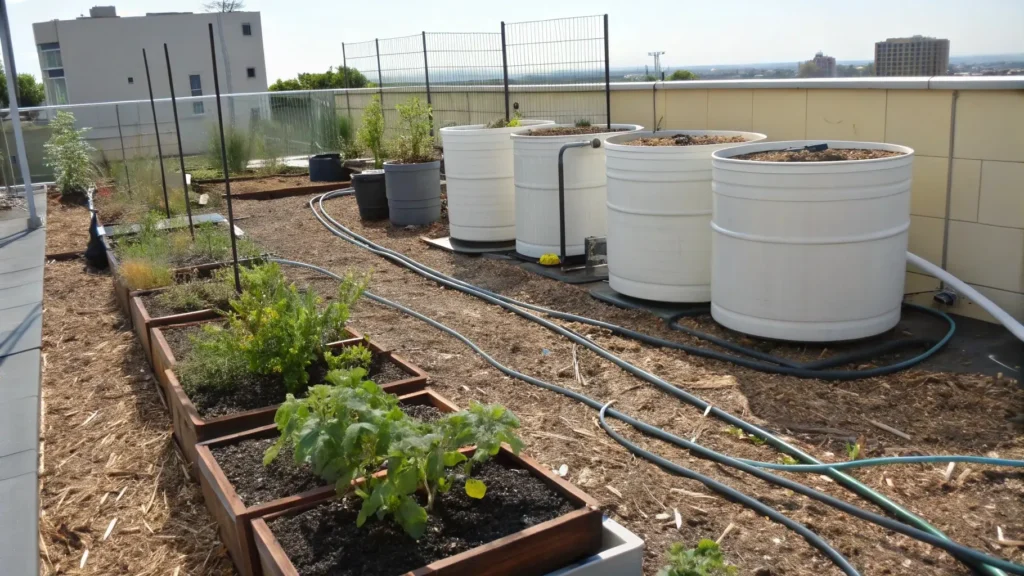 Garage roof garden with mulch and drip irrigation system