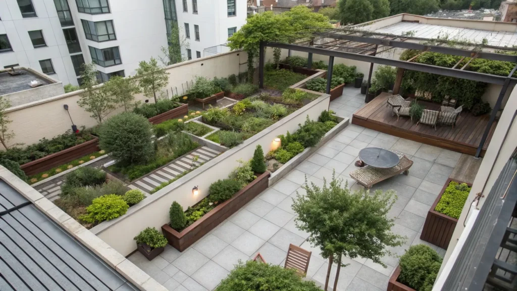 Garage roof garden layout with organized planting zones