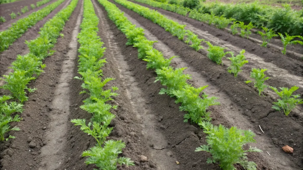 Carrot seedlings in garden soil – root vegetables to grow in May
