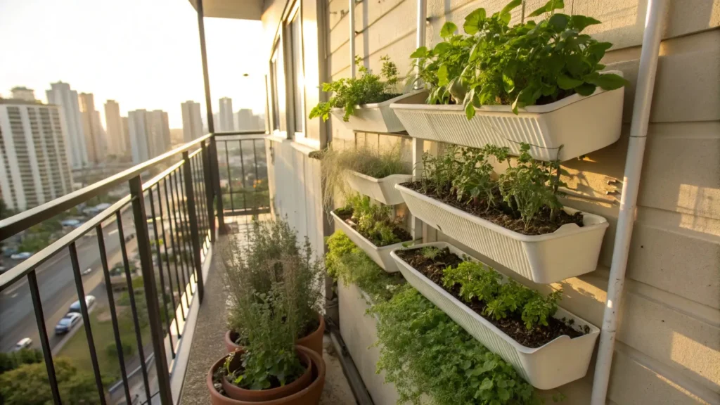 Vertical urban gardening setup with planters on a small balcony wall