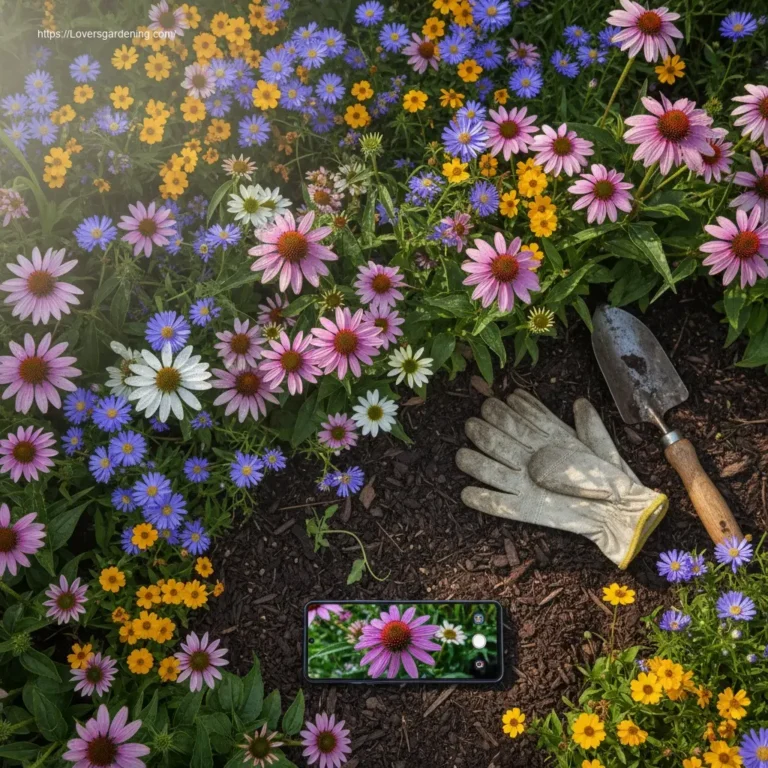 Overhead view of a vibrant native plant garden bed